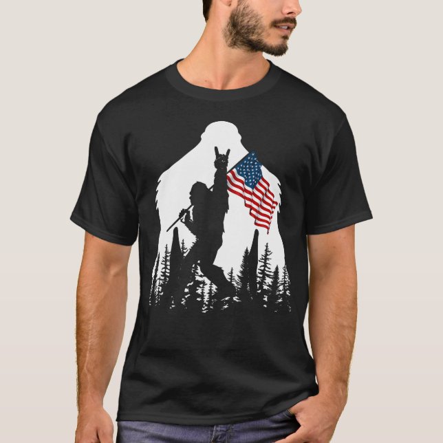 Bigfoot Rock On Hold American Flag Sasquatch Belie T-Shirt (Front)
