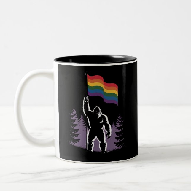 Bigfoot Rock On LGBTQ Progressive New Pride Flag  Two-Tone Coffee Mug (Left)