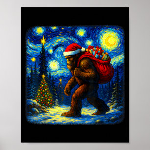 Bigfoot Santa Christmas Starry Night Sasquatch Van Poster