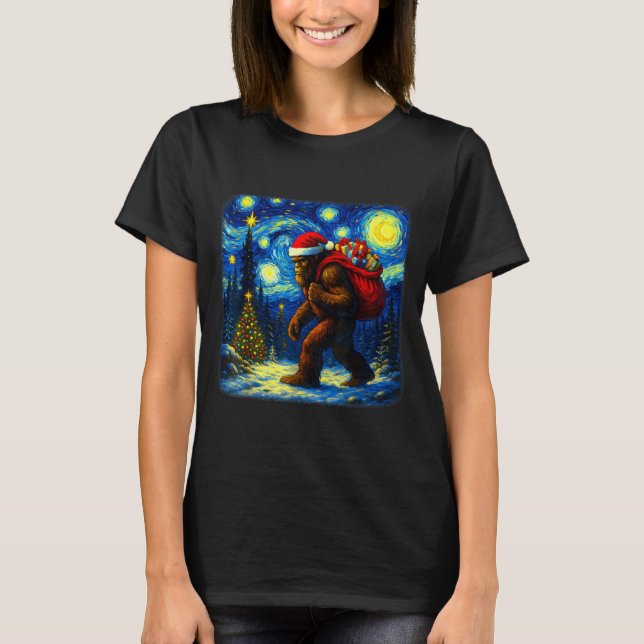 Bigfoot Santa Christmas Starry Night Sasquatch Van T-Shirt (Front)