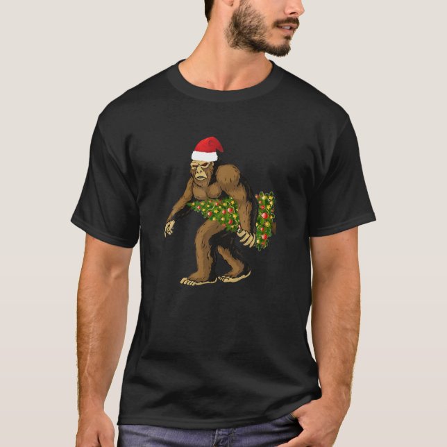 Bigfoot Santa Christmas Tree Lights Funny Xmas Gif T-Shirt (Front)
