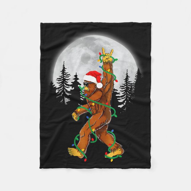 Bigfoot Santa Christmas Tree Lights Funny Xmas Sas Fleece Blanket (Front)