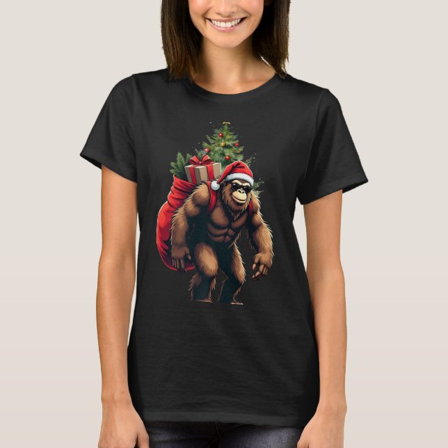 Bigfoot Santa Christmas Tree Lights Funny Xmas Sas T-Shirt (Front)