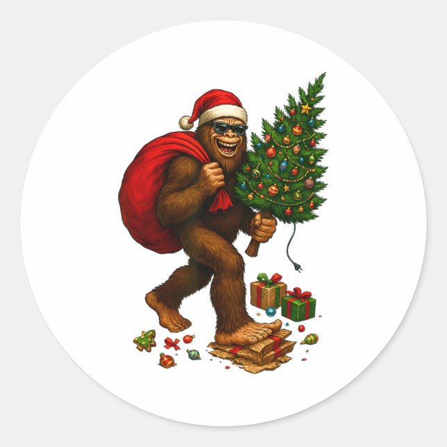 Bigfoot Santa Christmas Tree Lights Xmas Boys Men  Classic Round Sticker (Front)