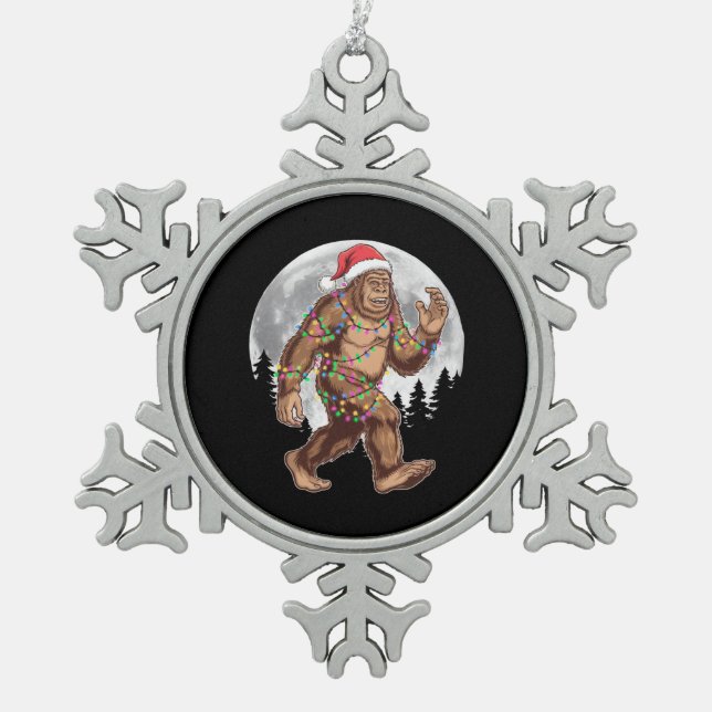Bigfoot Santa Christmas Tree Lights Xmas Sasquatch Snowflake Pewter Christmas Ornament (Front)
