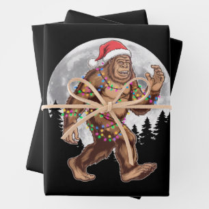 Bigfoot Santa Christmas Tree Lights Xmas Sasquatch Wrapping Paper Sheet
