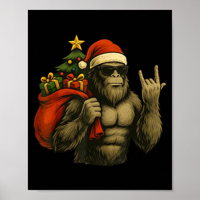Bigfoot Santa Christmas Tree Rock On Funny Xmas Sa Poster (Front)