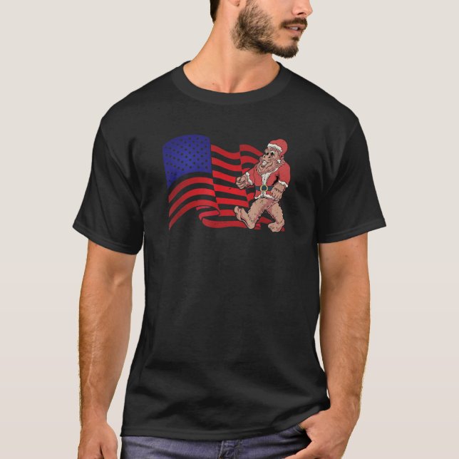 Bigfoot Santa Claus Christmas Patriotic Flag Ameri T-Shirt (Front)