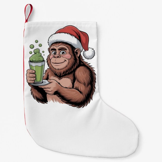 Bigfoot Santa Funny Sasquatch Holding Matcha Xmas Small Christmas Stocking (Front)
