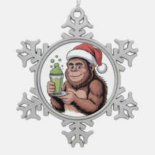 Bigfoot Santa Funny Sasquatch Holding Matcha Xmas Snowflake Pewter Christmas Ornament