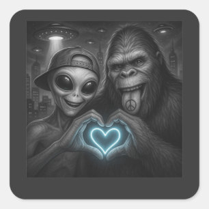 Bigfoot Sasquatch Alien Love Hand Sign Square Sticker