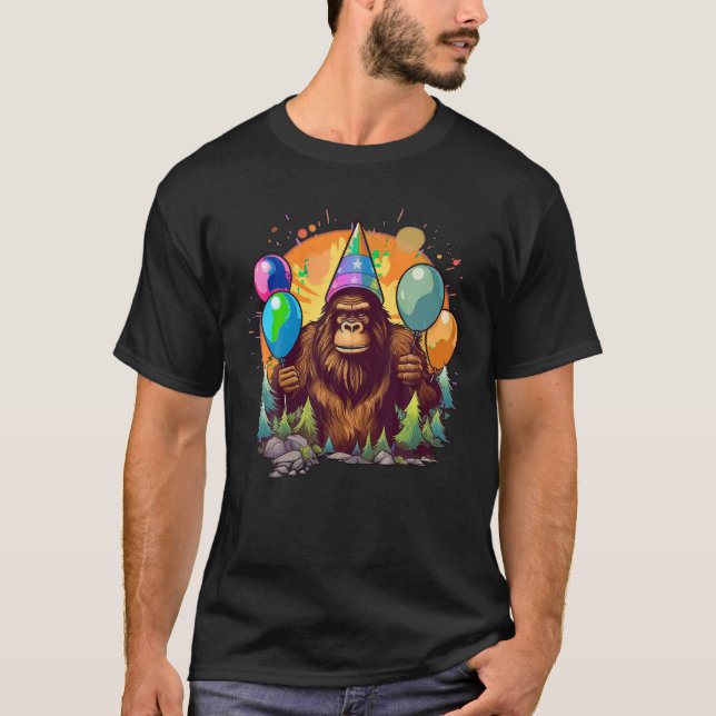 Bigfoot Sasquatch Birthday Hat Balloons Aesthetic T-Shirt (Front)