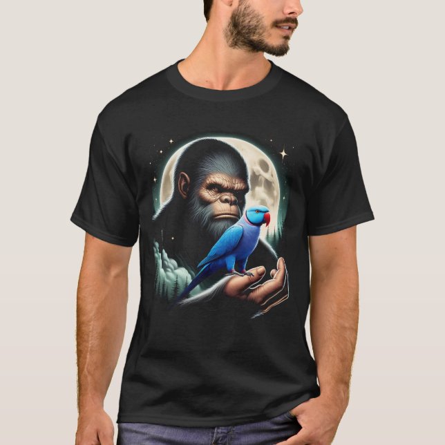 Bigfoot Sasquatch Blue Indian Ringneck Parrot T-Shirt (Front)