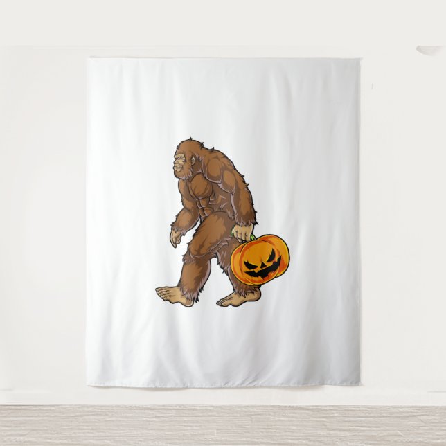 Bigfoot Sasquatch Carrying Scary Pumpkin T shirt Tapestry (Front)