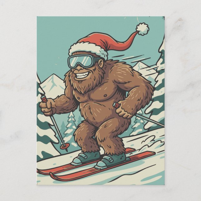 Bigfoot Sasquatch Christmas Skiing Winter Sport Holiday Postcard (Front)