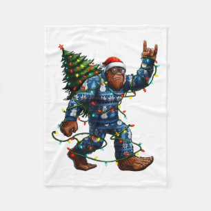 Bigfoot Sasquatch Christmas Tree Santa Hat Lights Fleece Blanket