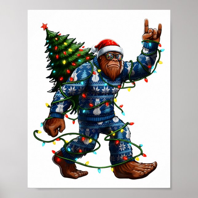 Bigfoot Sasquatch Christmas Tree Santa Hat Lights  Poster (Front)