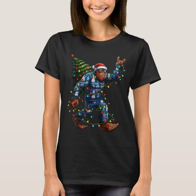 Bigfoot Sasquatch Christmas Tree Santa Hat Lights  T-Shirt (Front)