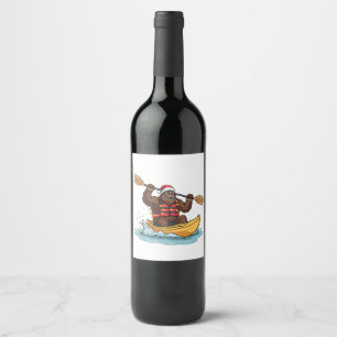 Bigfoot Sasquatch Kayaking Christmas Water Sport Wine Label