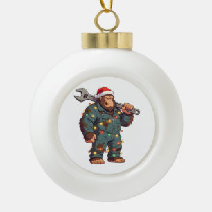 Bigfoot Sasquatch Mechanic Christmas Blue Collar Ceramic Ball Christmas Ornament