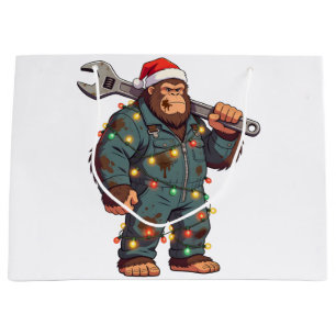 Bigfoot Sasquatch Mechanic Christmas Blue Collar Large Gift Bag