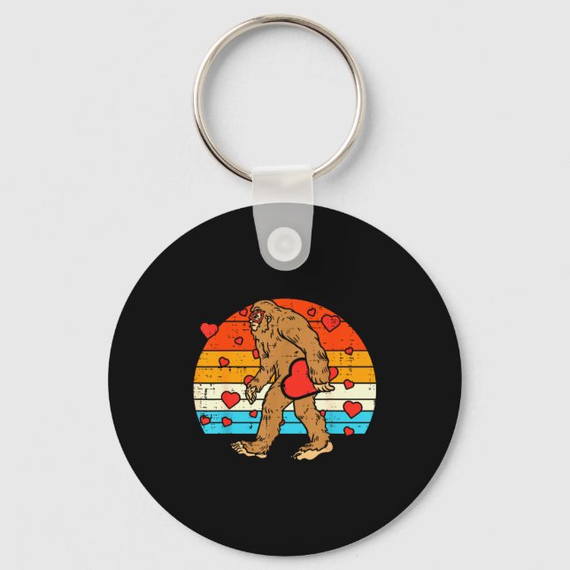 Bigfoot Sasquatch Retro Heart Funny Valentines Day Key Ring (Front)