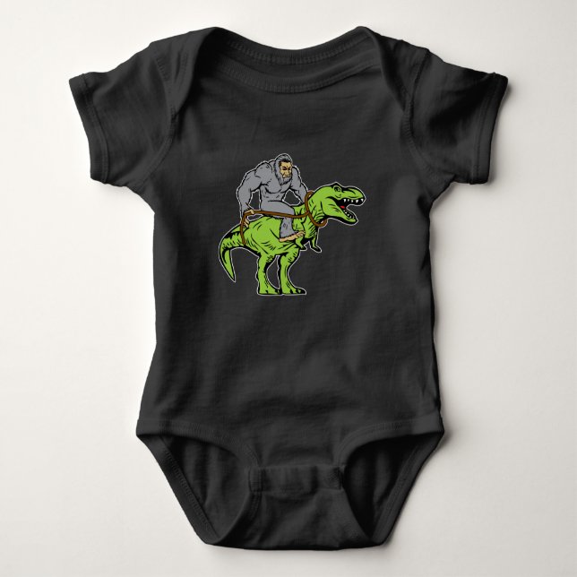 Bigfoot Sasquatch Riding Dinosaur T rex Baby Bodysuit (Front)