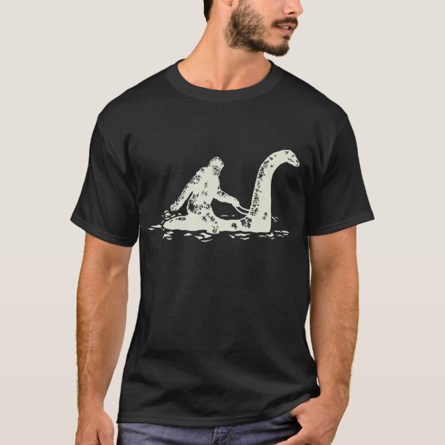 Bigfoot Sasquatch Riding The Loch Ness Monster Fun T-Shirt (Front)
