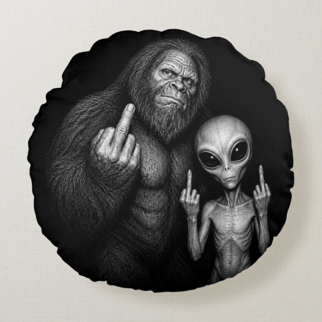 Bigfoot Sasquatch Space Alien Middle Finger Round Cushion (Front)