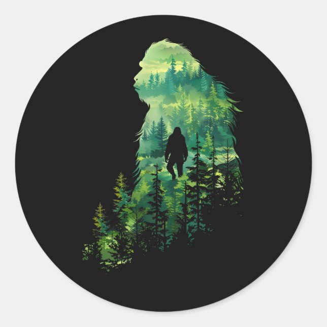 Bigfoot Sasquatch Surrounded By Forest Minimalist Classic Round Sticker (Front)