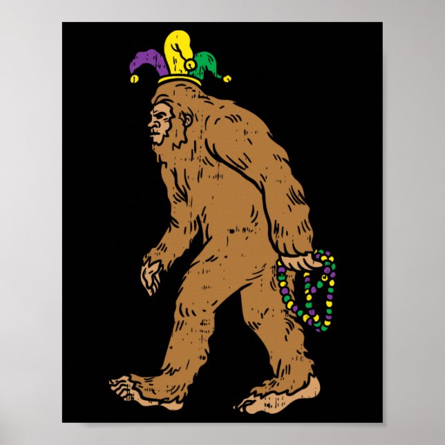Bigfoot Sasquatsh Jester Hat Beads Funny Mardi Gra Poster (Front)
