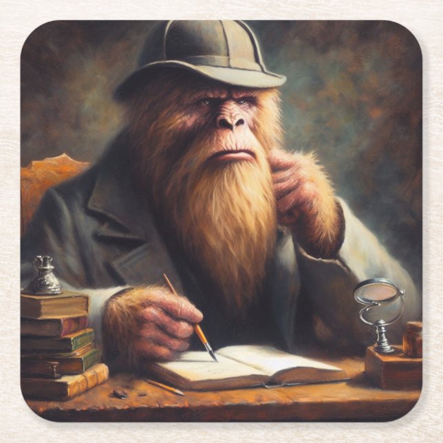 Bigfoot Sherlock Holmes Square Paper Coaster (Front)