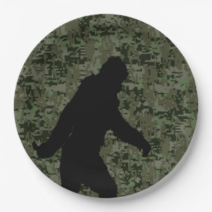 Bigfoot Silhouette on Woodland Digital Camouflage Paper Plate