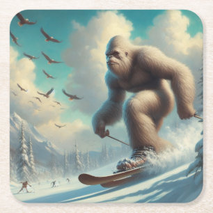 Bigfoot Skiing Square Paper Coaster