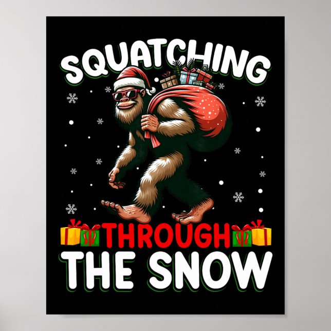 Bigfoot Squatching Through The Snow Santa Hat Xmas Poster (Front)