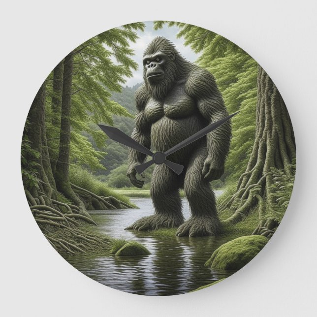 Bigfoot standing in a Creek Cartoon  Large Clock (Front)