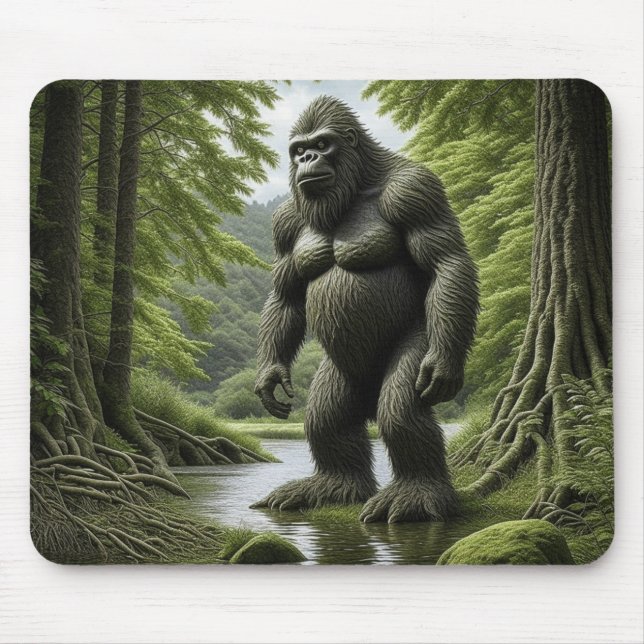 Bigfoot standing in a Creek Cartoon  Mouse Pad (Front)