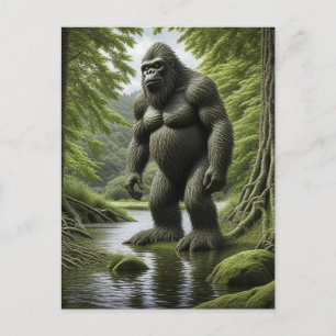 Bigfoot standing in a Creek Cartoon Postcard
