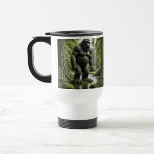 Bigfoot standing in a Creek Cartoon Travel Mug