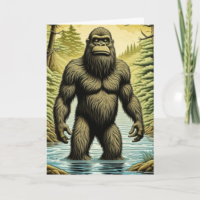 Bigfoot standing in Water Cartoon Birthday Card (Front)