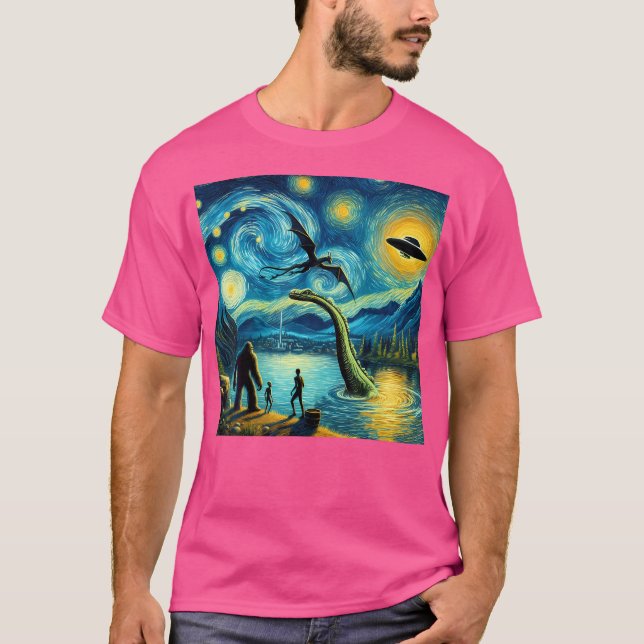 Bigfoot Starry Night Loch Ness Alien Ufo Dragon Cu T-Shirt (Front)