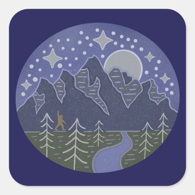 Bigfoot Starry Night Walk | Cryptid Folk Art Square Sticker (Front)