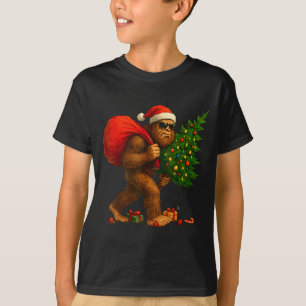 Bigfoot Stealing Christmas Tree Lights Xmas Boys M T-Shirt