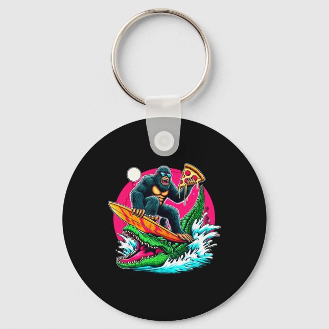 Bigfoot Surfing Eating Pizza Alligator Attack Funn Key Ring (Front)