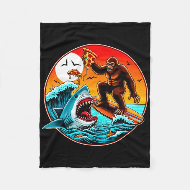 Bigfoot Surfing Eating Pizza Shark Attack Funny Ar Fleece Blanket (Front)