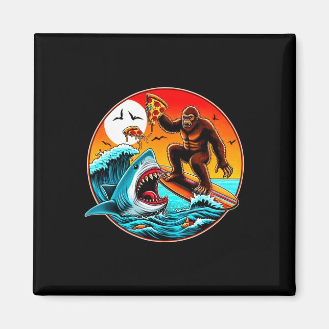 Bigfoot Surfing Eating Pizza Shark Attack Funny Ar Magnet (Front)
