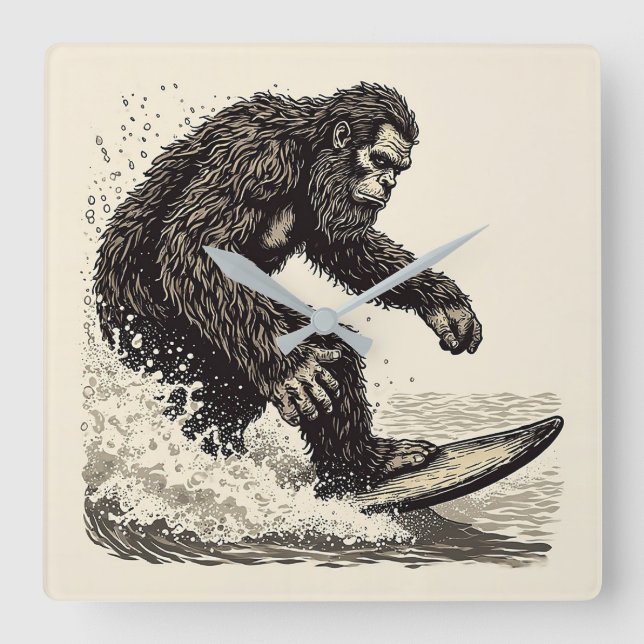 Bigfoot Surfing Square Wall Clock (Front)