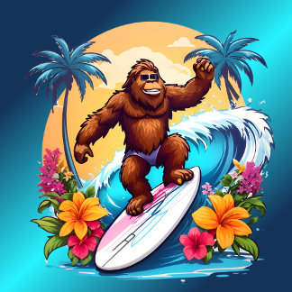 Bigfoot Surfing Tropical Palms T-Shirt