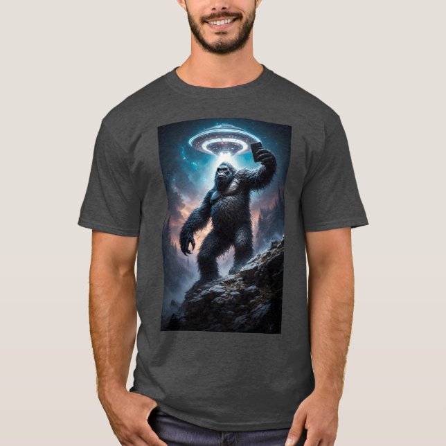 Bigfoot taking a Selfie with UFOs T-Shirt (Front)