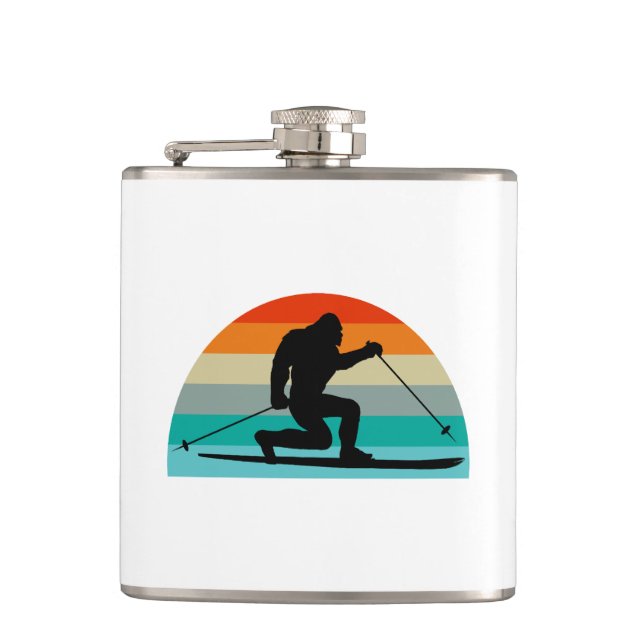 Bigfoot Telemark Skiing Rainbow Hip Flask (Front)